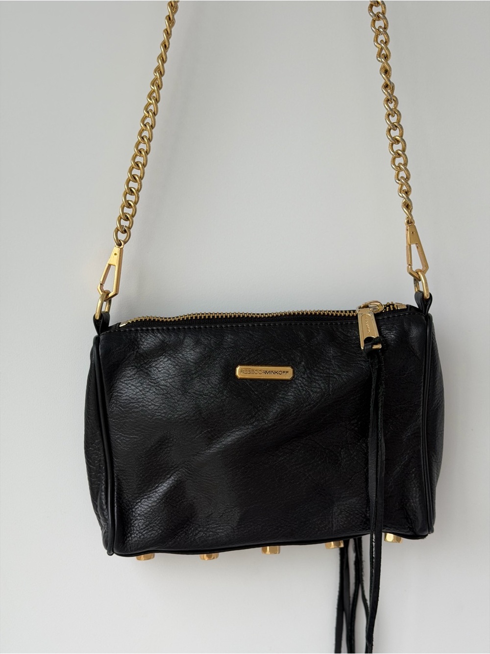 Rebecca Minkoff Black Leather Crossbody with Gold Chain Strap